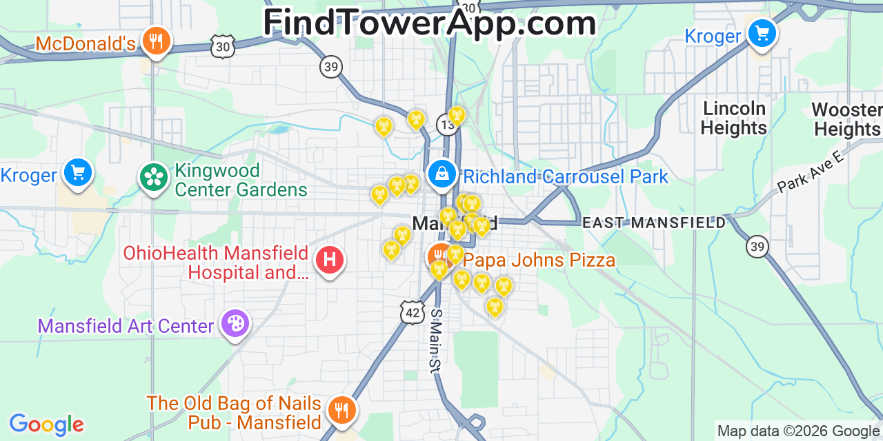 Map showing the 20 primary cell tower locations detected in Mansfield, Ohio from AT&T, Verizon, and T-Mobile networks