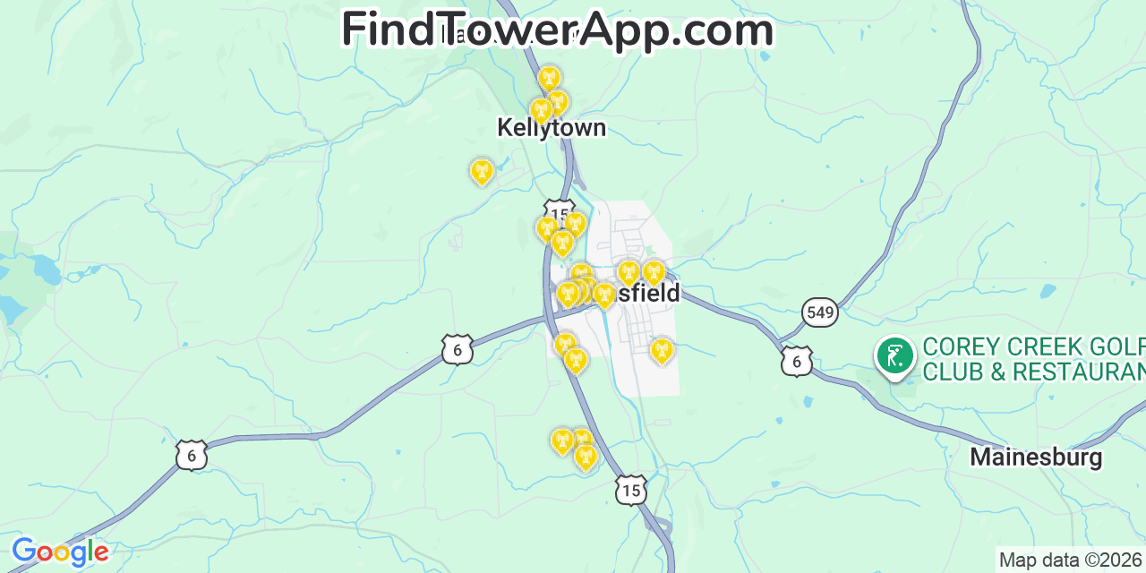 Map showing the 20 primary cell tower locations detected in Mansfield, Pennsylvania from AT&T, Verizon, and T-Mobile networks