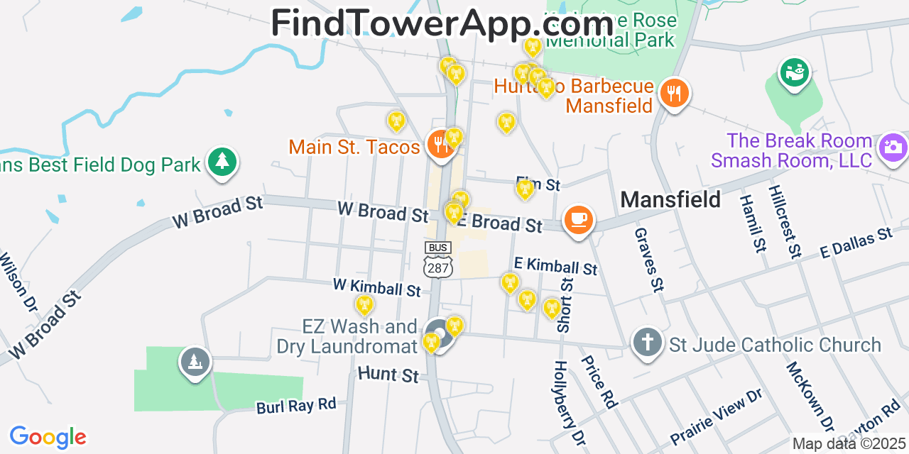 Map showing the 20 primary cell tower locations detected in Mansfield, Texas from AT&T, Verizon, and T-Mobile networks