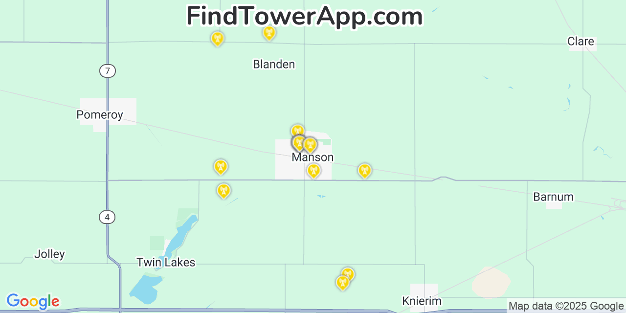 Map showing the 20 primary cell tower locations detected in Manson, Iowa from AT&T, Verizon, and T-Mobile networks