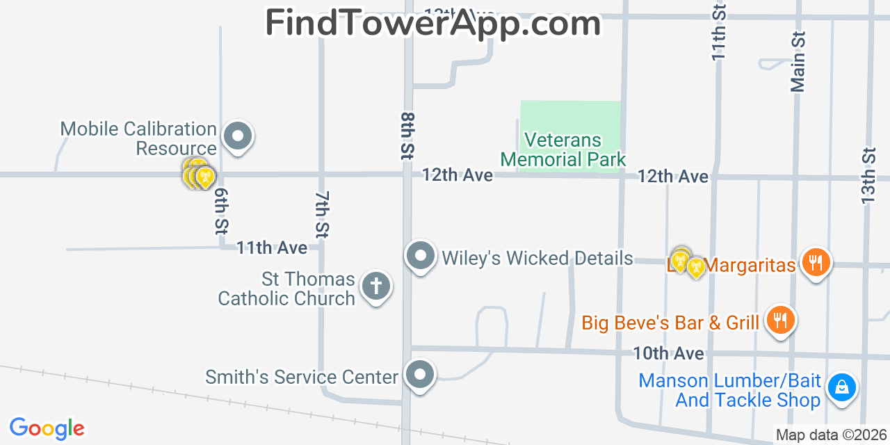 Map showing the 20 primary cell tower locations detected in Manson, Iowa from AT&T, Verizon, and T-Mobile networks