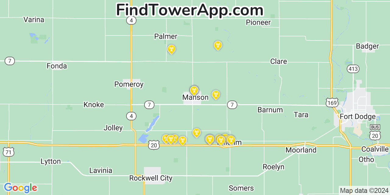 Verizon 4G/5G cell tower coverage map Manson, Iowa