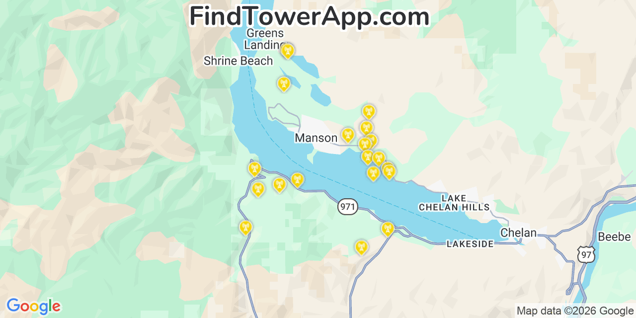 Map showing the 20 primary cell tower locations detected in Manson, Washington from AT&T, Verizon, and T-Mobile networks