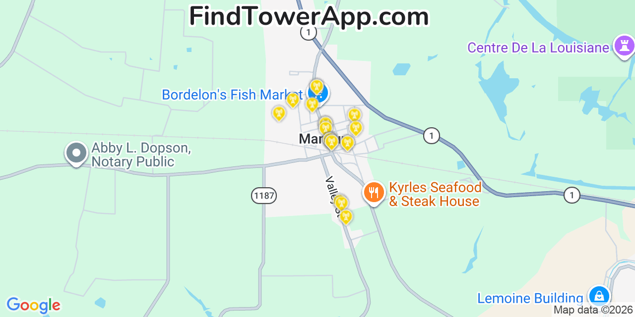Map showing the 20 primary cell tower locations detected in Mansura, Louisiana from AT&T, Verizon, and T-Mobile networks