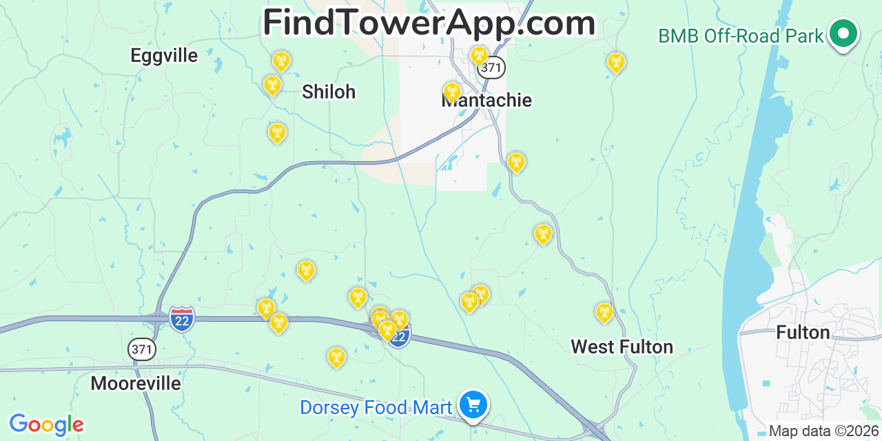 Map showing the 20 primary cell tower locations detected in Mantachie, Mississippi from AT&T, Verizon, and T-Mobile networks