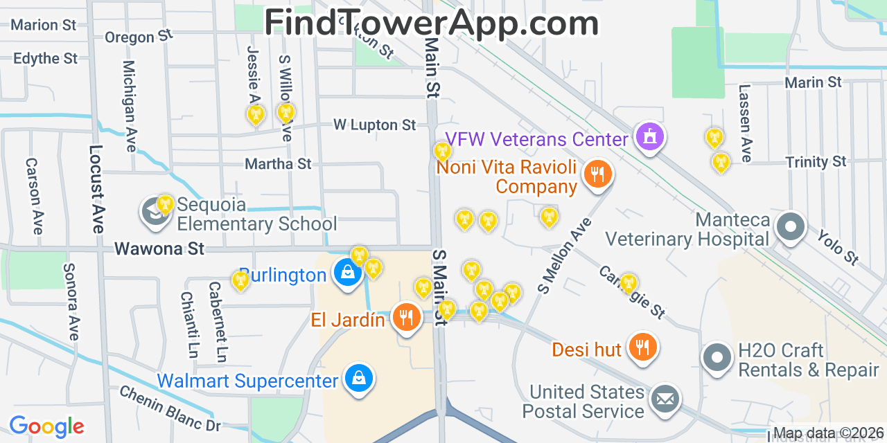 Map showing the 20 primary cell tower locations detected in Manteca, California from AT&T, Verizon, and T-Mobile networks