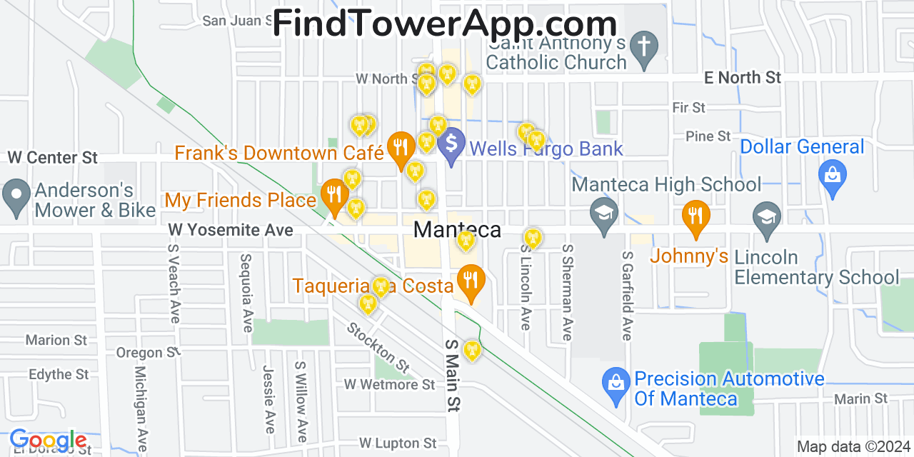 Verizon 4G/5G cell tower coverage map Manteca, California