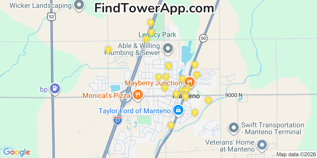 Map showing the 20 primary cell tower locations detected in Manteno, Illinois from AT&T, Verizon, and T-Mobile networks