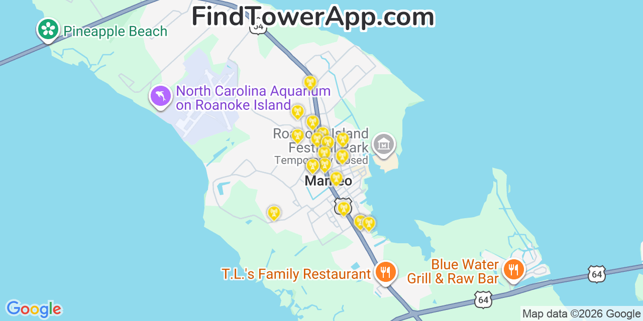 Map showing the 20 primary cell tower locations detected in Manteo, North Carolina from AT&T, Verizon, and T-Mobile networks