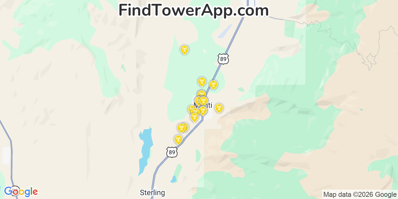 Map showing the 20 primary cell tower locations detected in Manti, Utah from AT&T, Verizon, and T-Mobile networks