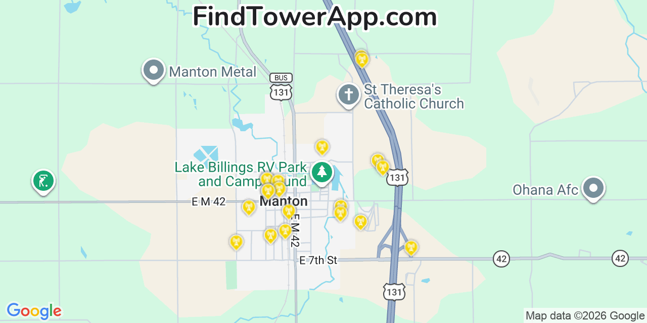 Map showing the 20 primary cell tower locations detected in Manton, Michigan from AT&T, Verizon, and T-Mobile networks