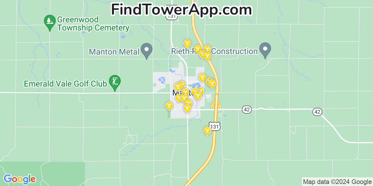 Verizon 4G/5G cell tower coverage map Manton, Michigan