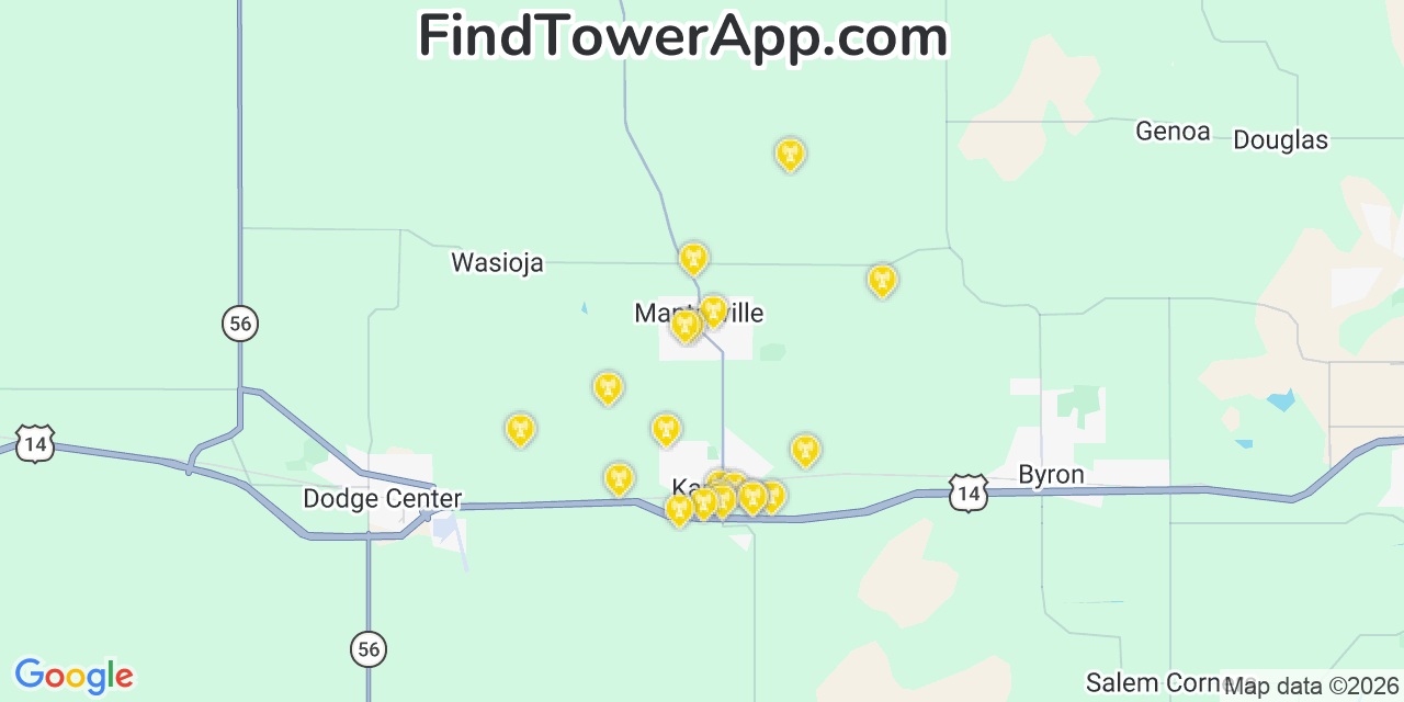 Map showing the 20 primary cell tower locations detected in Mantorville, Minnesota from AT&T, Verizon, and T-Mobile networks