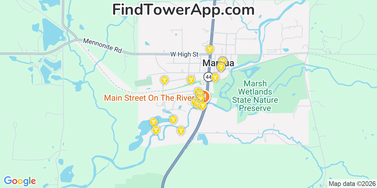 Map showing the 20 primary cell tower locations detected in Mantua, Ohio from AT&T, Verizon, and T-Mobile networks