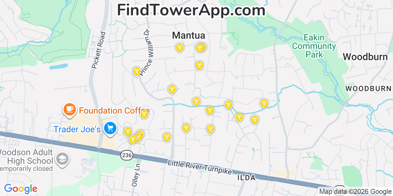 Map showing the 20 primary cell tower locations detected in Mantua, Virginia from AT&T, Verizon, and T-Mobile networks