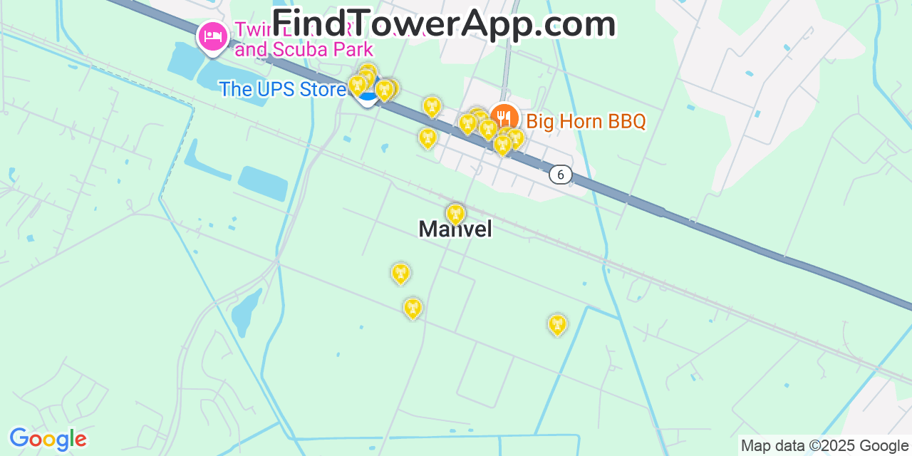Map showing the 20 primary cell tower locations detected in Manvel, Texas from AT&T, Verizon, and T-Mobile networks