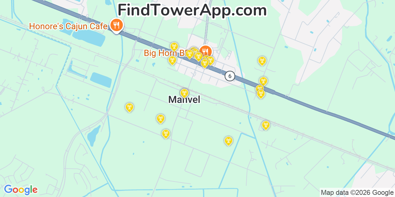 Map showing the 20 primary cell tower locations detected in Manvel, Texas from AT&T, Verizon, and T-Mobile networks