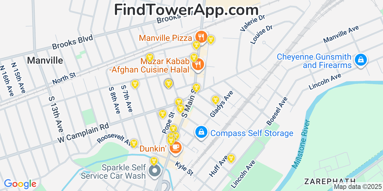 Map showing the 20 primary cell tower locations detected in Manville, New Jersey from AT&T, Verizon, and T-Mobile networks