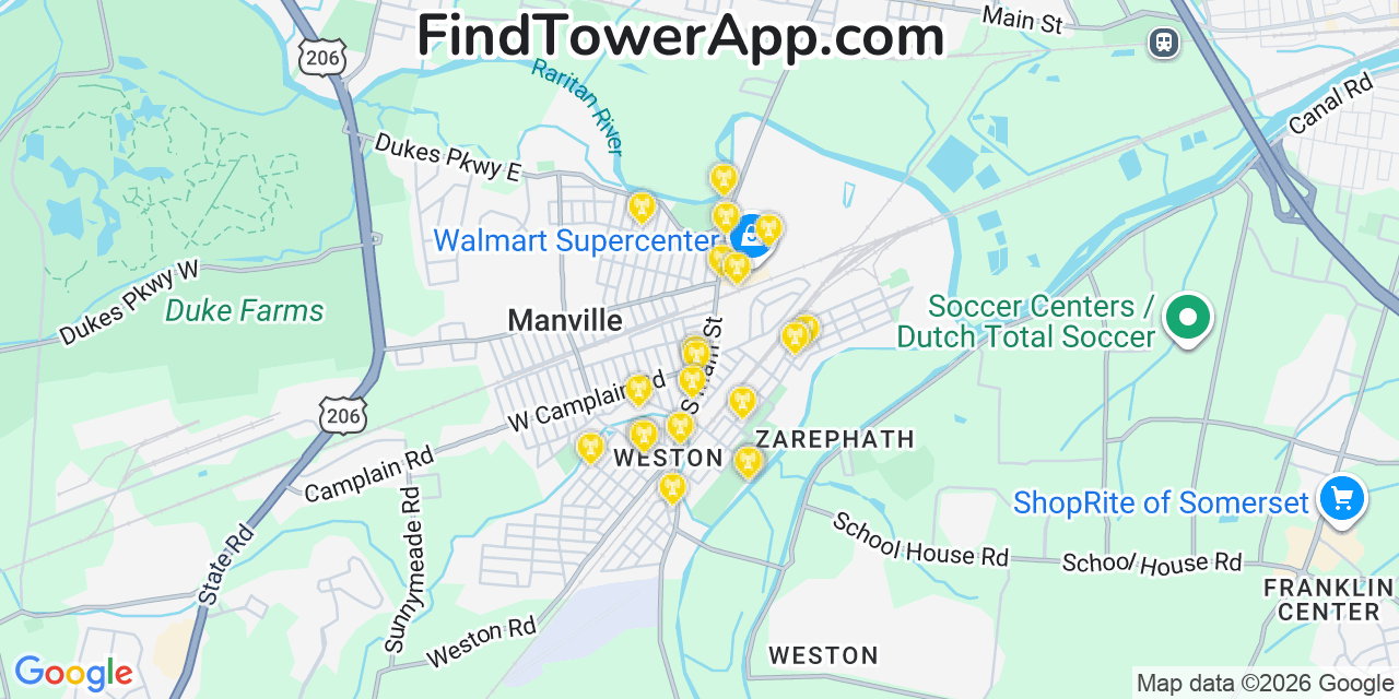Map showing the 20 primary cell tower locations detected in Manville, New Jersey from AT&T, Verizon, and T-Mobile networks