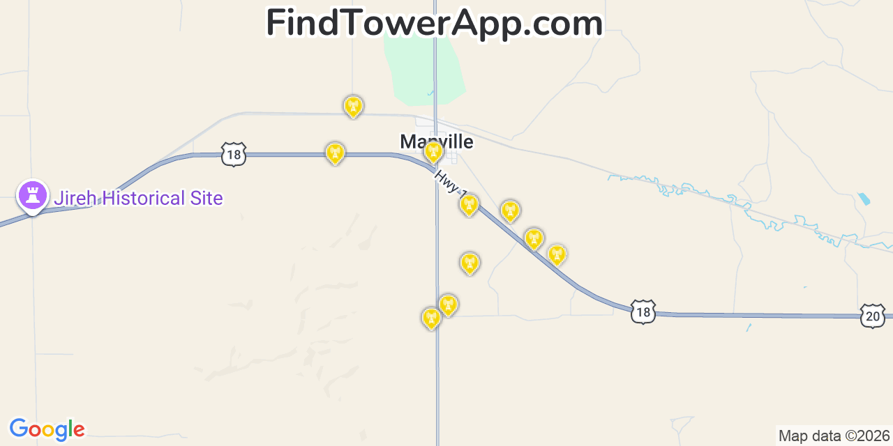 Map showing the 20 primary cell tower locations detected in Manville, Wyoming from AT&T, Verizon, and T-Mobile networks