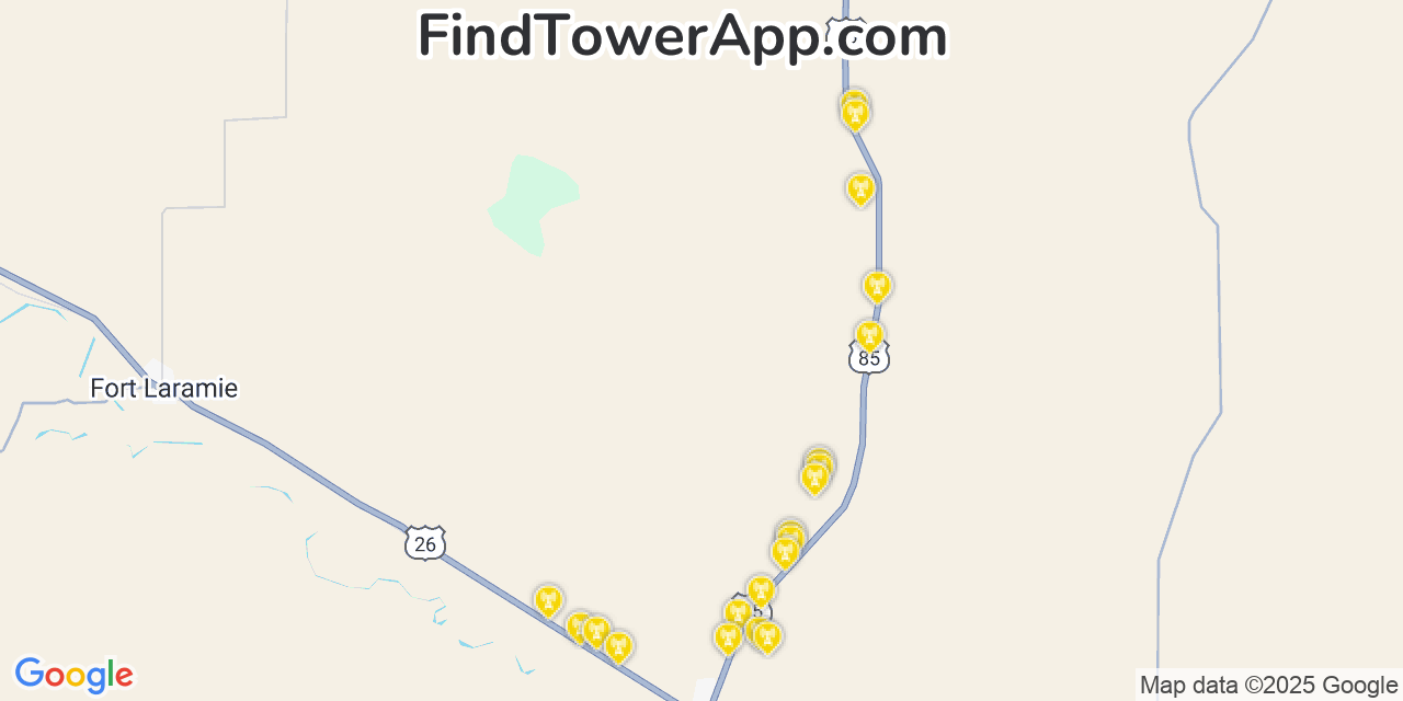 Map showing the 20 primary Verizon cell tower locations detected in Manville, Wyoming with coverage radius and signal strength indicators