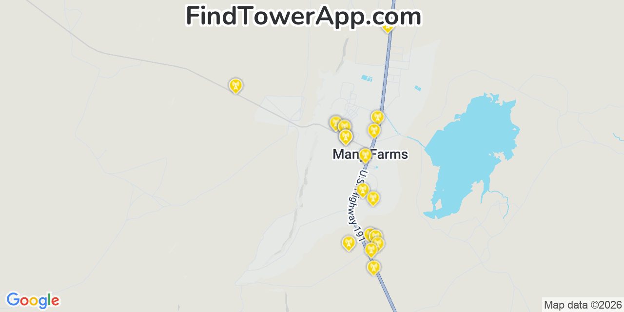 Map showing the 20 primary cell tower locations detected in Many Farms, Arizona from AT&T, Verizon, and T-Mobile networks