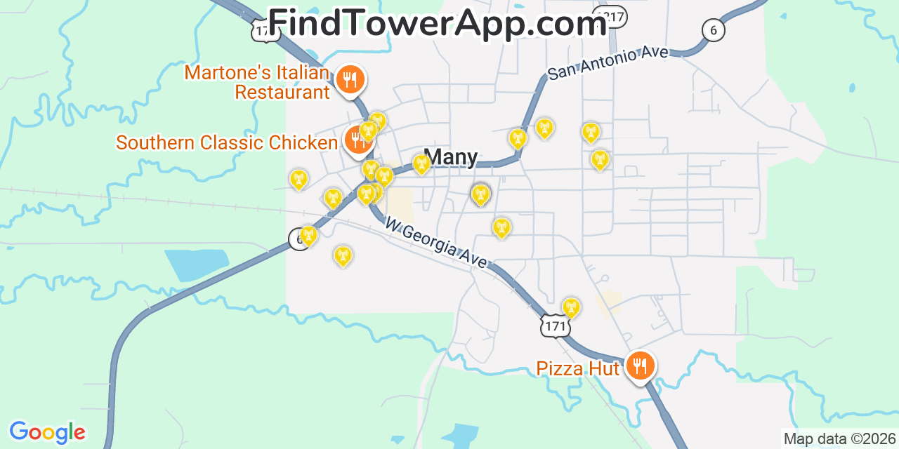 Map showing the 20 primary cell tower locations detected in Many, Louisiana from AT&T, Verizon, and T-Mobile networks