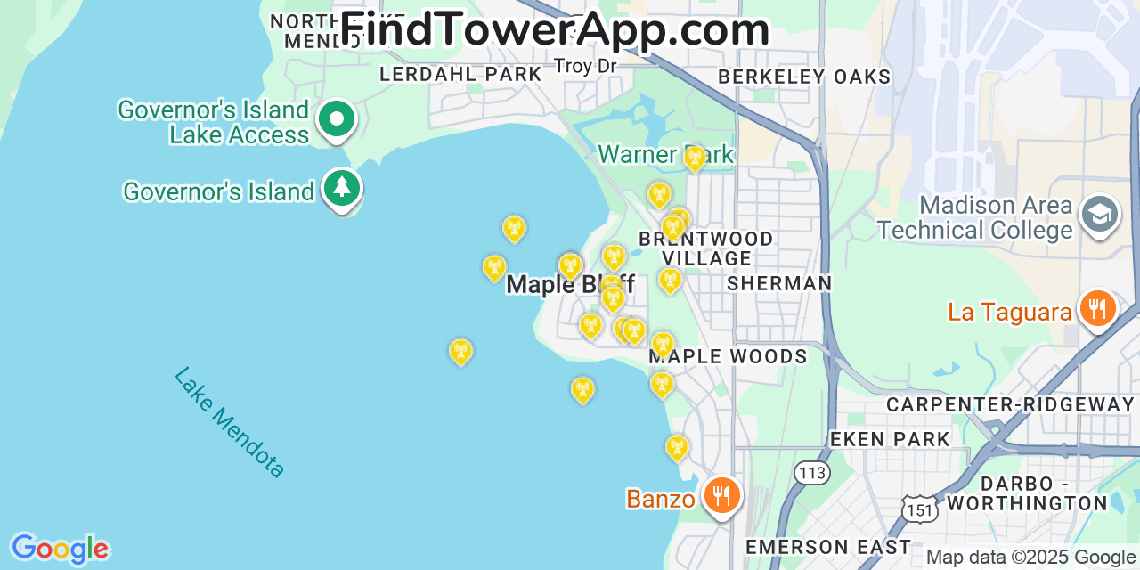 Map showing the 20 primary cell tower locations detected in Maple Bluff, Wisconsin from AT&T, Verizon, and T-Mobile networks