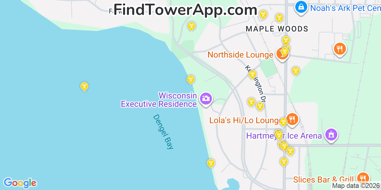Map showing the 20 primary cell tower locations detected in Maple Bluff, Wisconsin from AT&T, Verizon, and T-Mobile networks