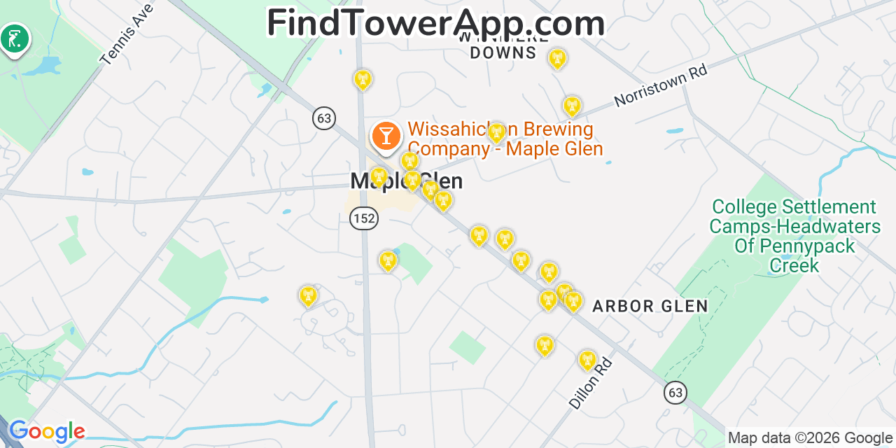 Map showing the 20 primary cell tower locations detected in Maple Glen, Pennsylvania from AT&T, Verizon, and T-Mobile networks