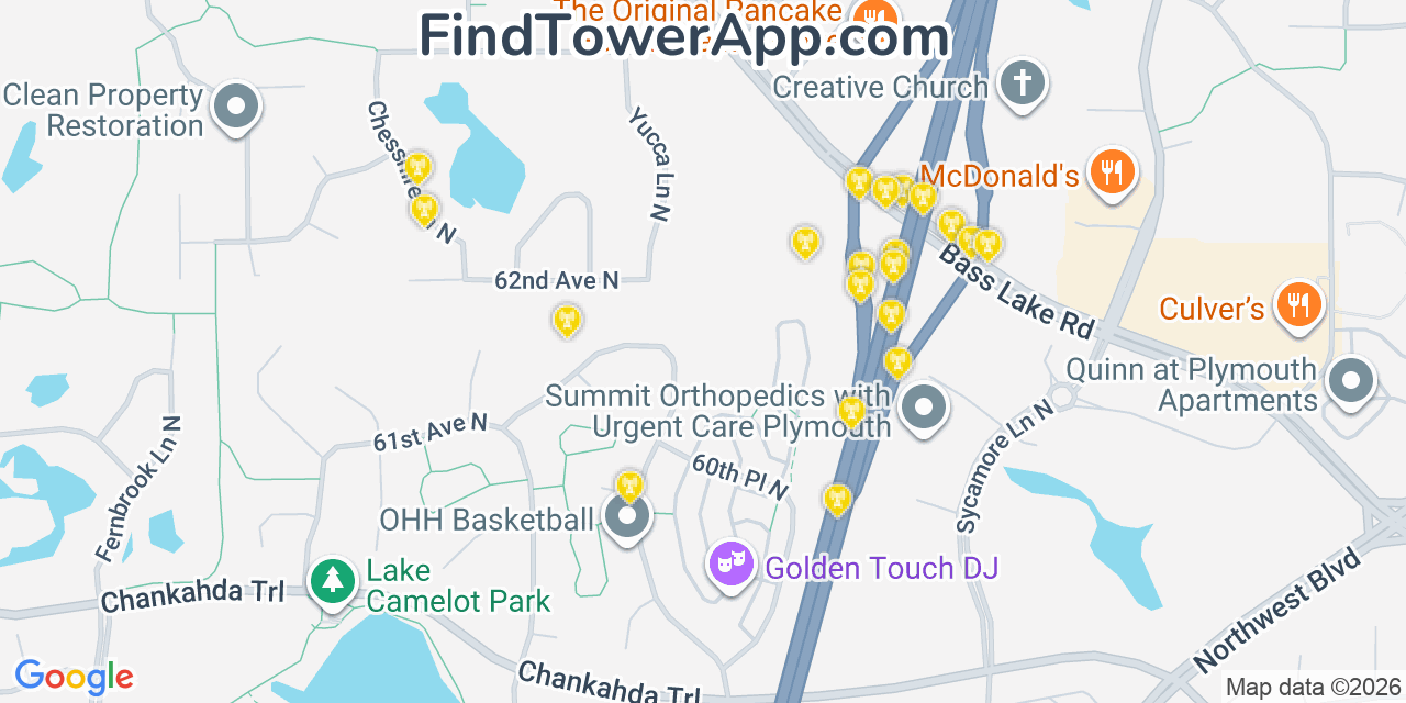 Map showing the 20 primary cell tower locations detected in Maple Grove, Minnesota from AT&T, Verizon, and T-Mobile networks