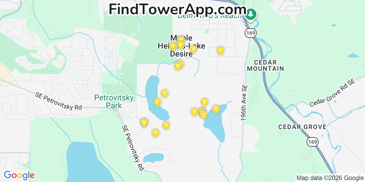 Map showing the 20 primary cell tower locations detected in Maple Heights Lake Desire, Washington from AT&T, Verizon, and T-Mobile networks