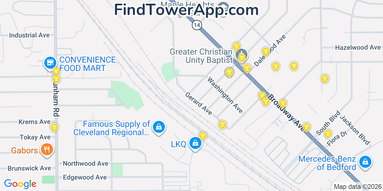 Map showing the 20 primary cell tower locations detected in Maple Heights, Ohio from AT&T, Verizon, and T-Mobile networks