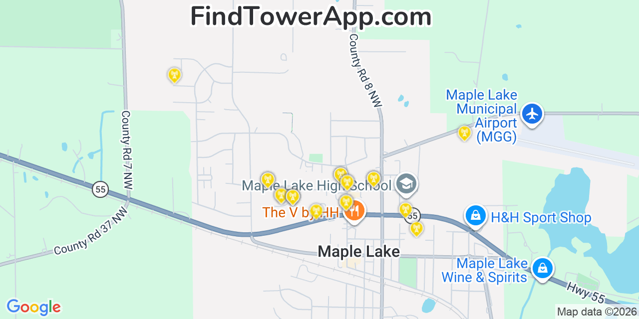 Map showing the 20 primary cell tower locations detected in Maple Lake, Minnesota from AT&T, Verizon, and T-Mobile networks