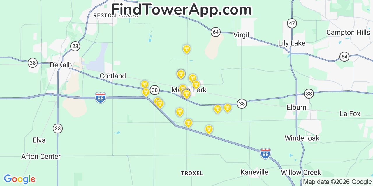 Map showing the 20 primary cell tower locations detected in Maple Park, Illinois from AT&T, Verizon, and T-Mobile networks