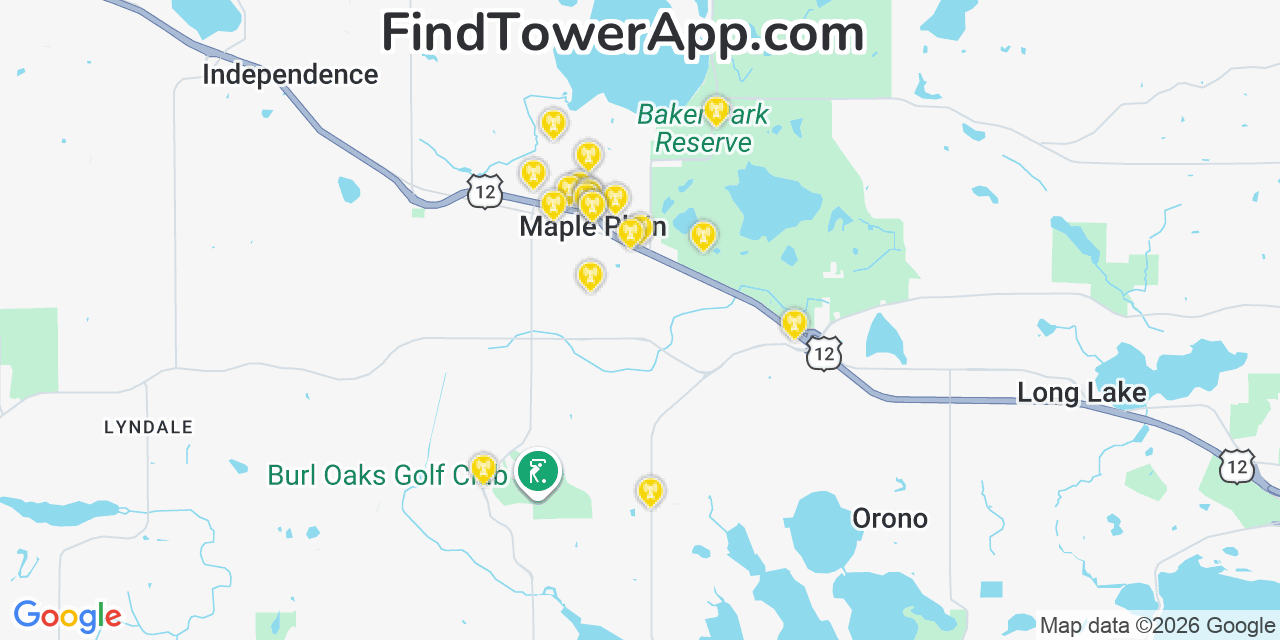 Map showing the 20 primary cell tower locations detected in Maple Plain, Minnesota from AT&T, Verizon, and T-Mobile networks