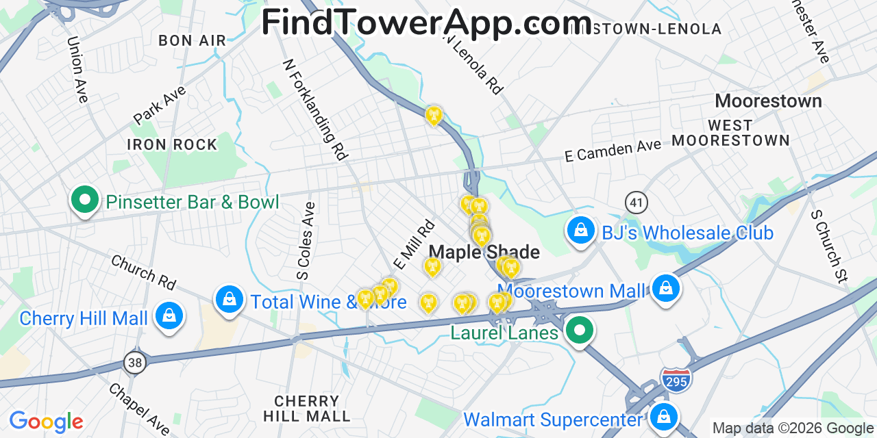 Map showing the 20 primary cell tower locations detected in Maple Shade, New Jersey from AT&T, Verizon, and T-Mobile networks
