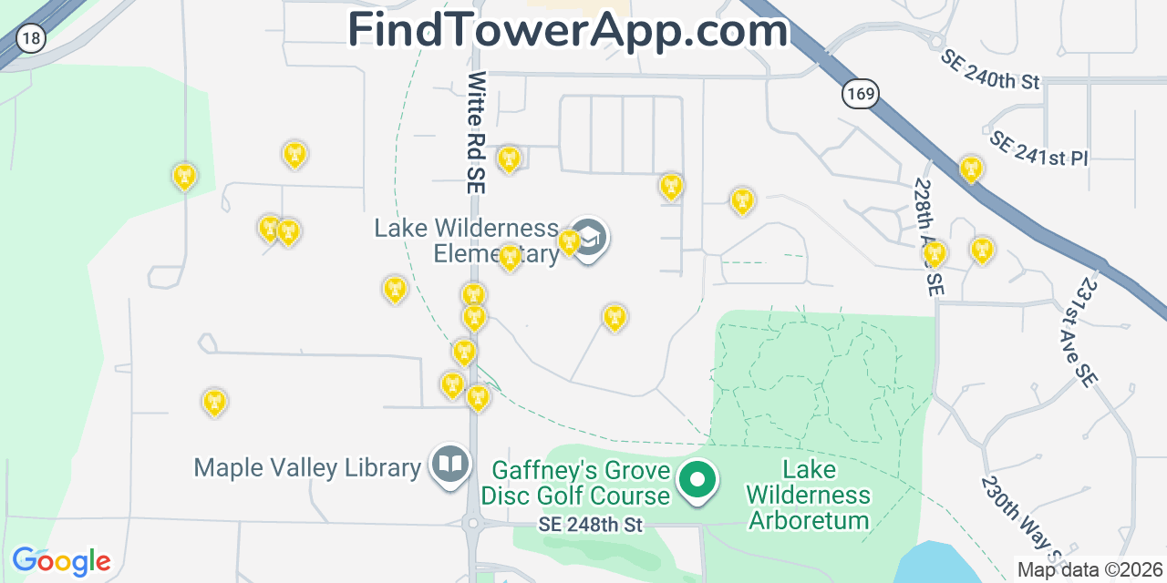 Map showing the 20 primary cell tower locations detected in Maple Valley, Washington from AT&T, Verizon, and T-Mobile networks