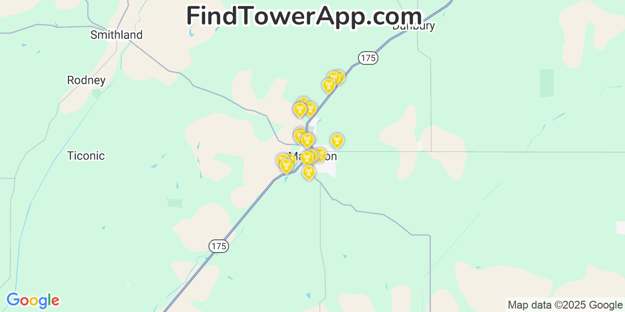 Map showing the 20 primary cell tower locations detected in Mapleton, Iowa from AT&T, Verizon, and T-Mobile networks
