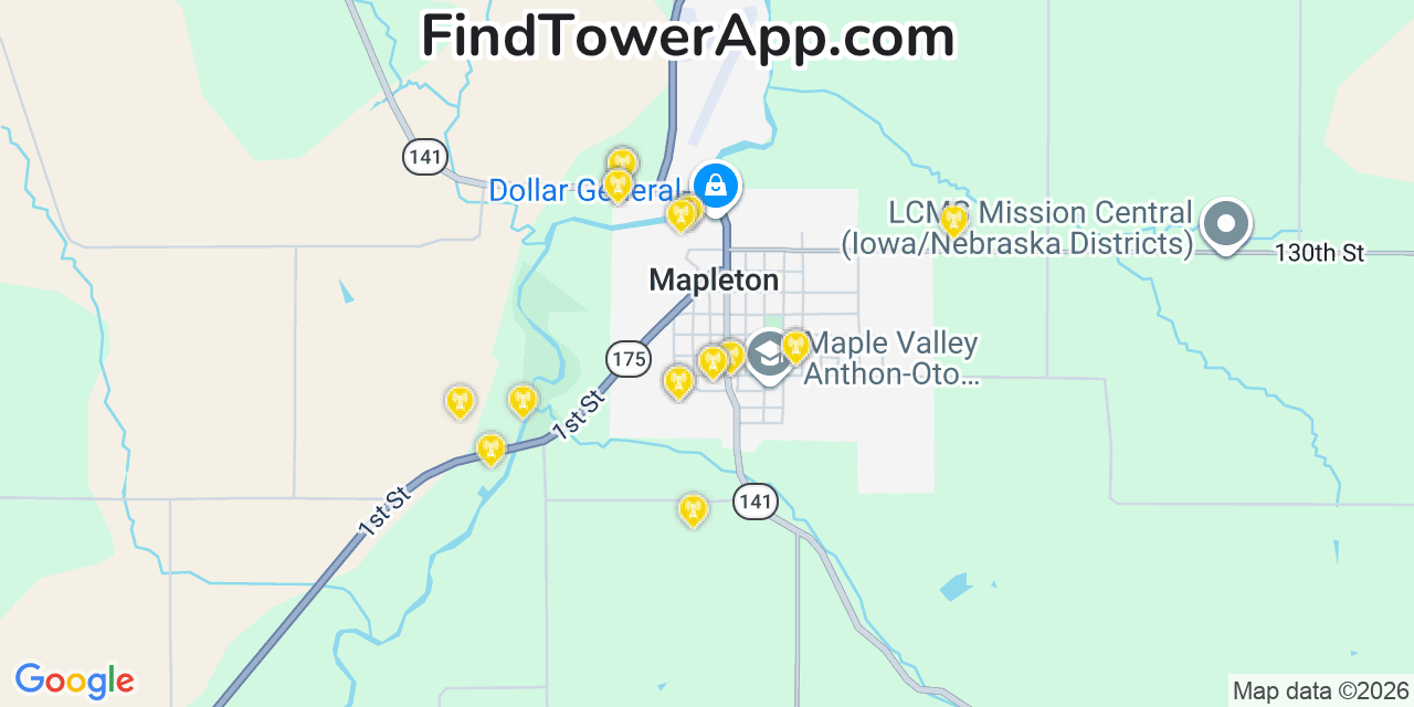 Map showing the 20 primary cell tower locations detected in Mapleton, Iowa from AT&T, Verizon, and T-Mobile networks