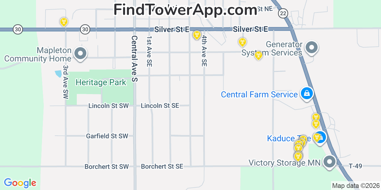 Map showing the 20 primary cell tower locations detected in Mapleton, Minnesota from AT&T, Verizon, and T-Mobile networks