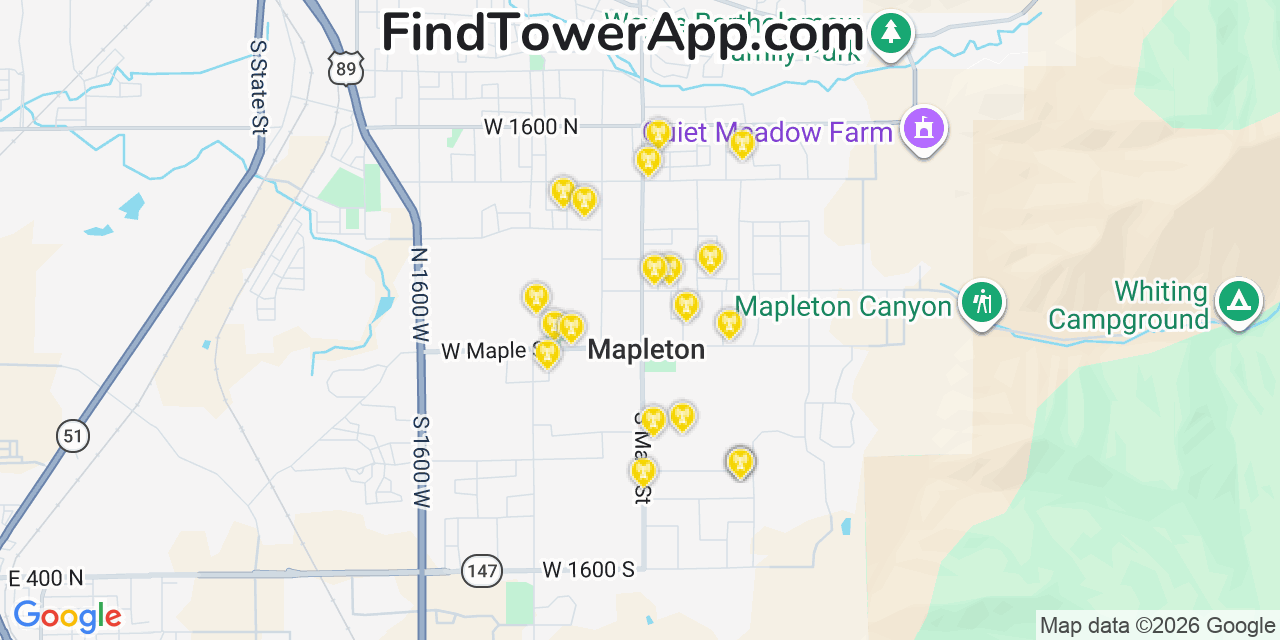 Map showing the 20 primary cell tower locations detected in Mapleton, Utah from AT&T, Verizon, and T-Mobile networks