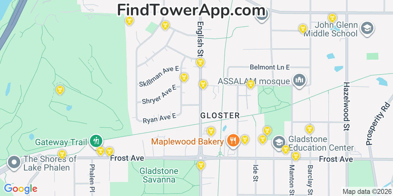 Map showing the 20 primary cell tower locations detected in Maplewood, Minnesota from AT&T, Verizon, and T-Mobile networks