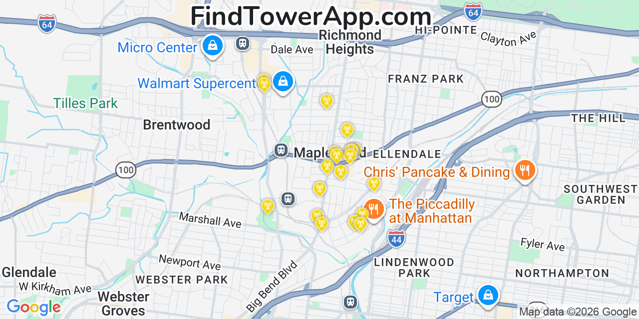 Map showing the 20 primary cell tower locations detected in Maplewood, Missouri from AT&T, Verizon, and T-Mobile networks