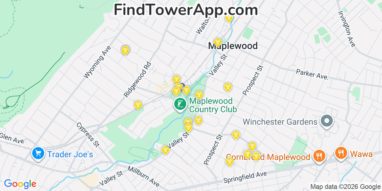 Map showing the 20 primary cell tower locations detected in Maplewood, New Jersey from AT&T, Verizon, and T-Mobile networks