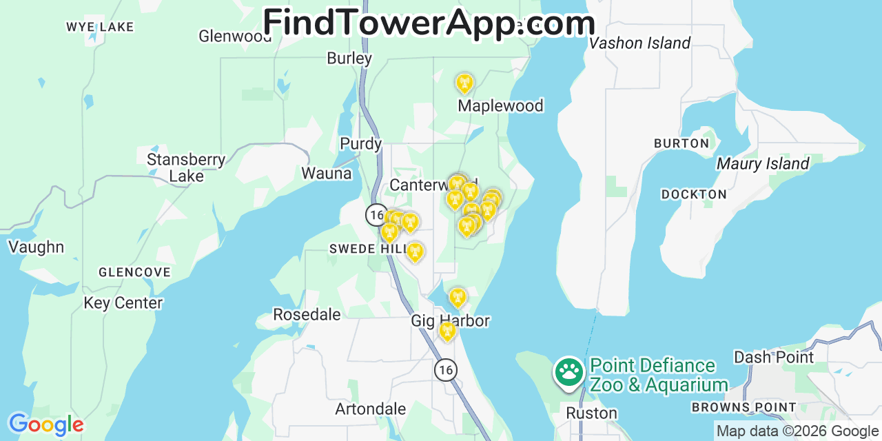 Map showing the 20 primary cell tower locations detected in Maplewood, Washington from AT&T, Verizon, and T-Mobile networks