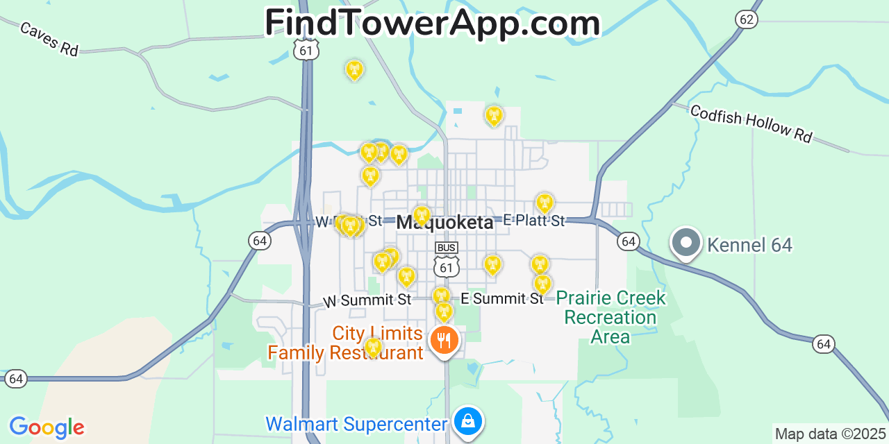 Map showing the 20 primary cell tower locations detected in Maquoketa, Iowa from AT&T, Verizon, and T-Mobile networks