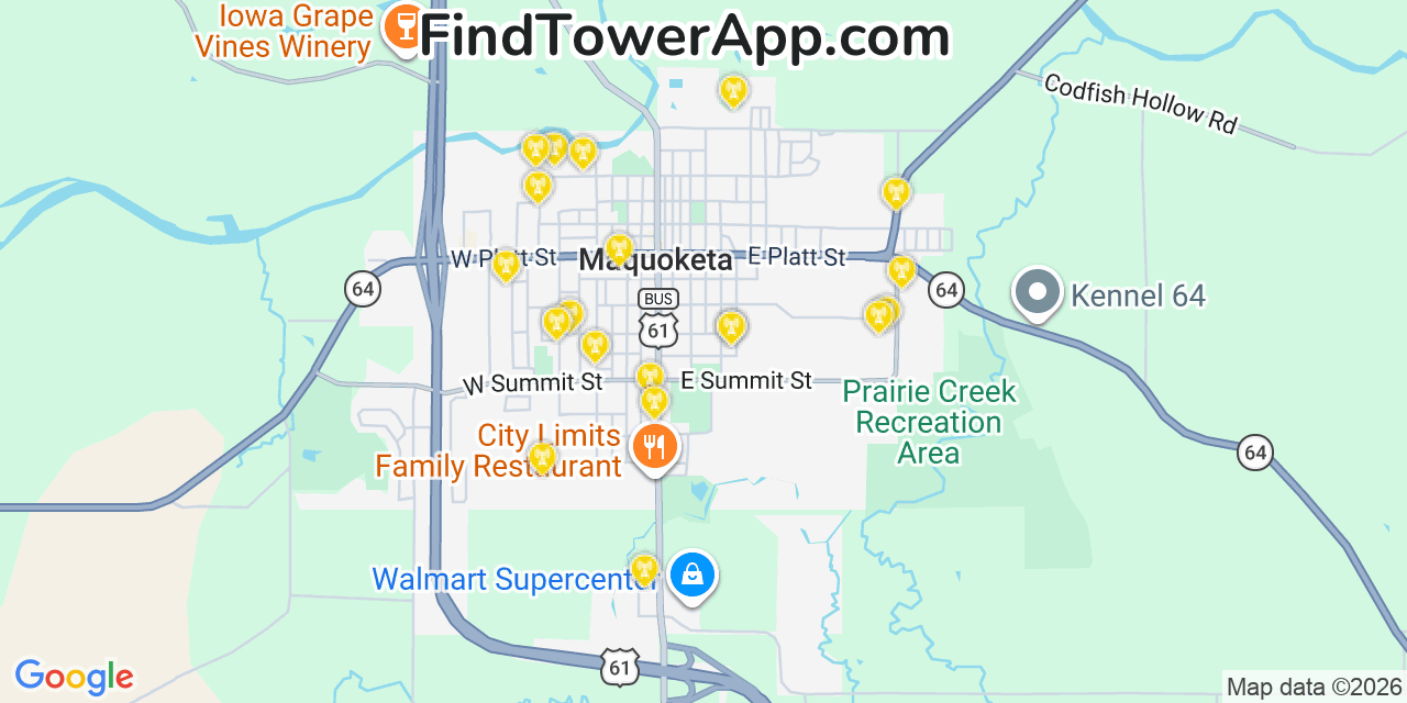 Map showing the 20 primary cell tower locations detected in Maquoketa, Iowa from AT&T, Verizon, and T-Mobile networks