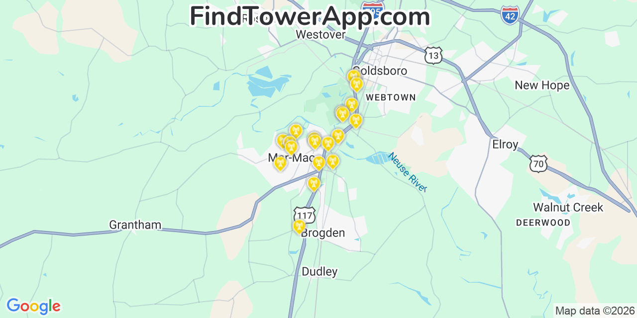 Map showing the 20 primary cell tower locations detected in Mar Mac, North Carolina from AT&T, Verizon, and T-Mobile networks