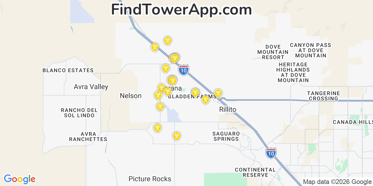 Map showing the 20 primary cell tower locations detected in Marana, Arizona from AT&T, Verizon, and T-Mobile networks